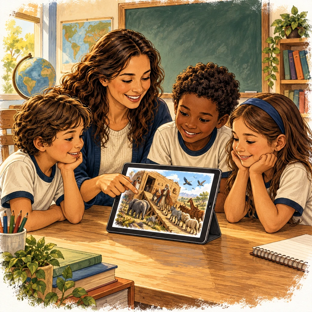 Ilustração — Nas aulas: pessoas reunidas com histórias bíblicas desenhadas no tablet
