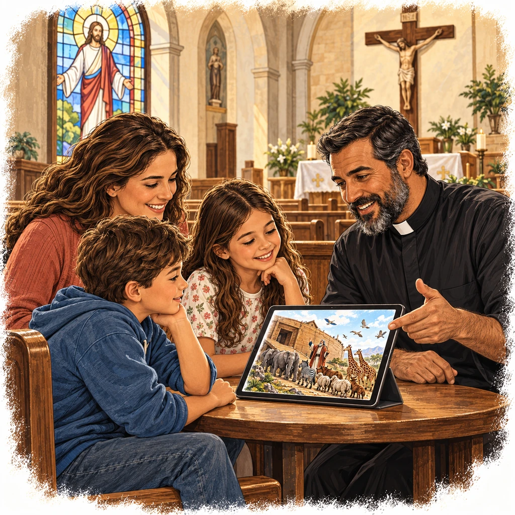 Ilustração — Na igreja: pessoas reunidas com histórias bíblicas desenhadas no tablet